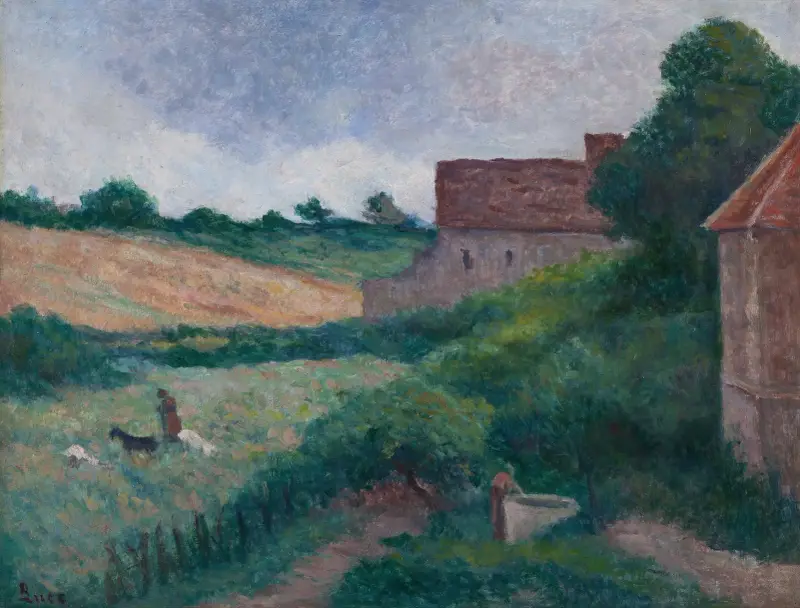 Rolleboise, die Höfe oder Die Ziegenhirtin und die Bäuerin am Brunnen von Maximilien Luce