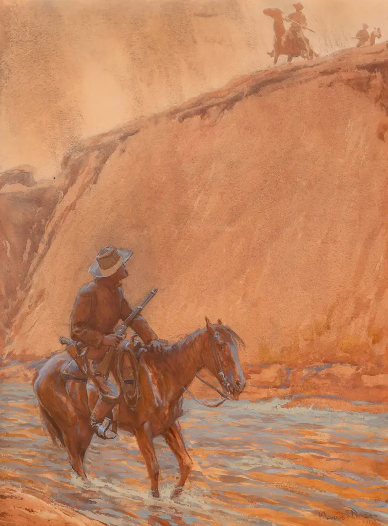 Das Pferd des Fliehenden stürzte in das tiefe Wasser von Maynard Dixon