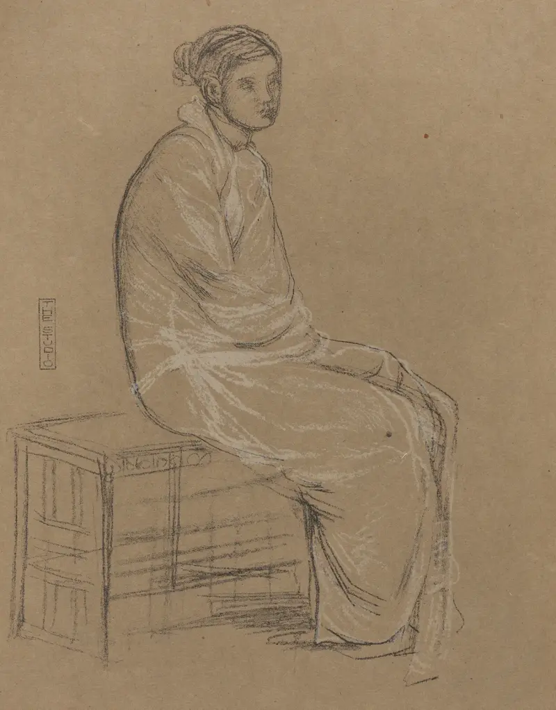 Woman seated on bench, wrapped in white robe av James Abbott McNeill Whistler
