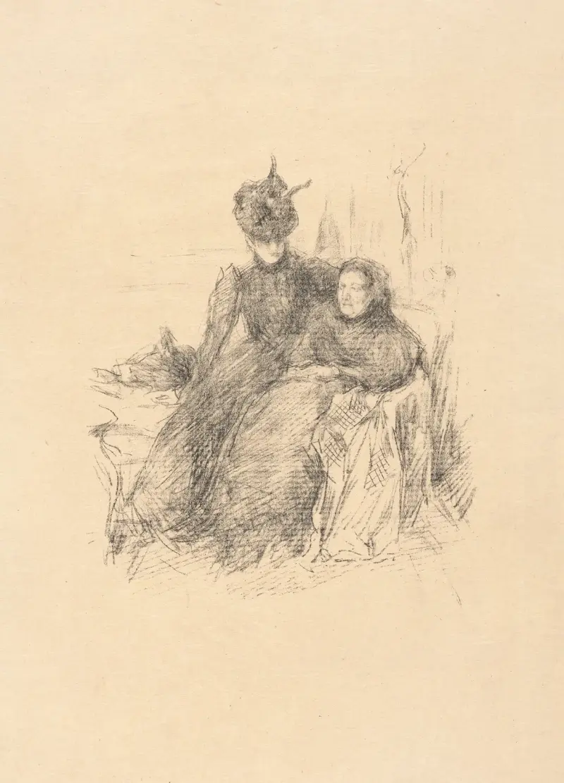 Young lady in a hat, sitting with her arm around an older lady av James Abbott McNeill Whistler