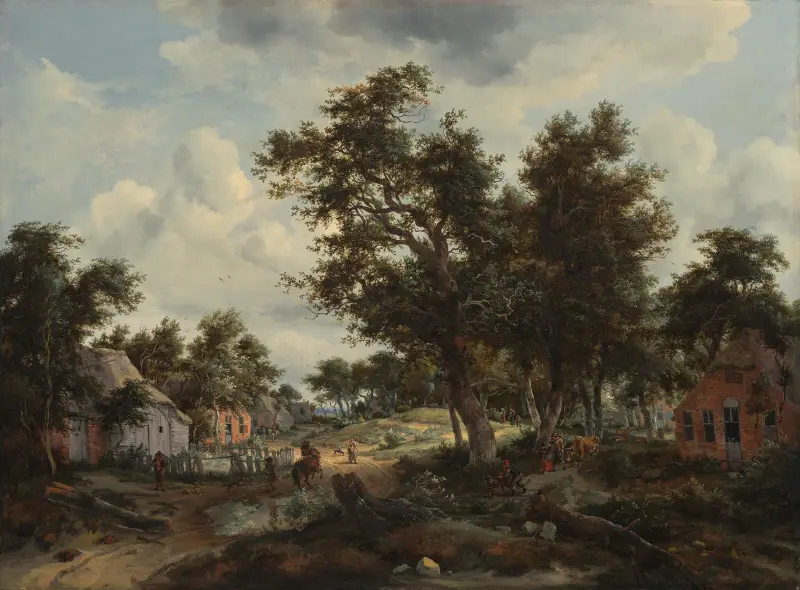 A Wooded Landscape with Travelers on a Path through a Hamlet av Meindert Hobbema