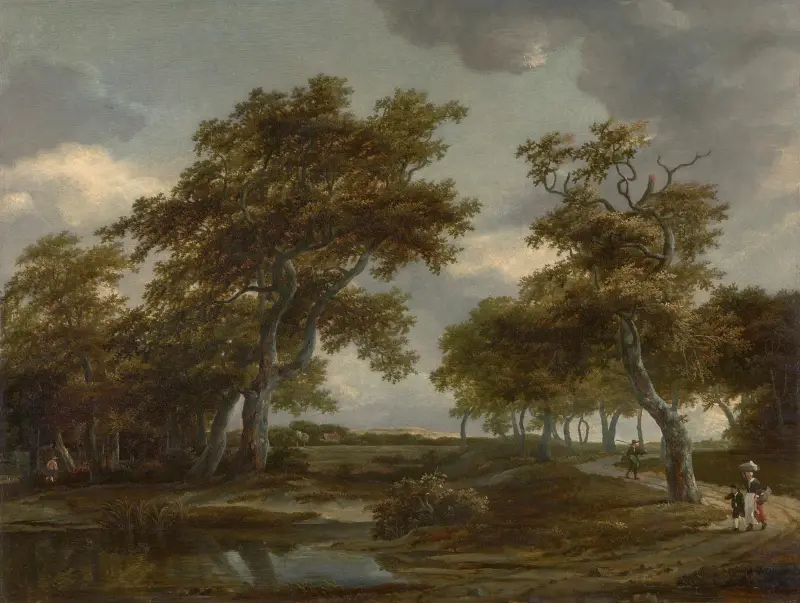 Bewaldete Flusslandschaft mit Figuren auf einem Weg av Meindert Hobbema