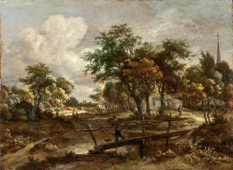 Landscape with a Footbridge av Meindert Hobbema