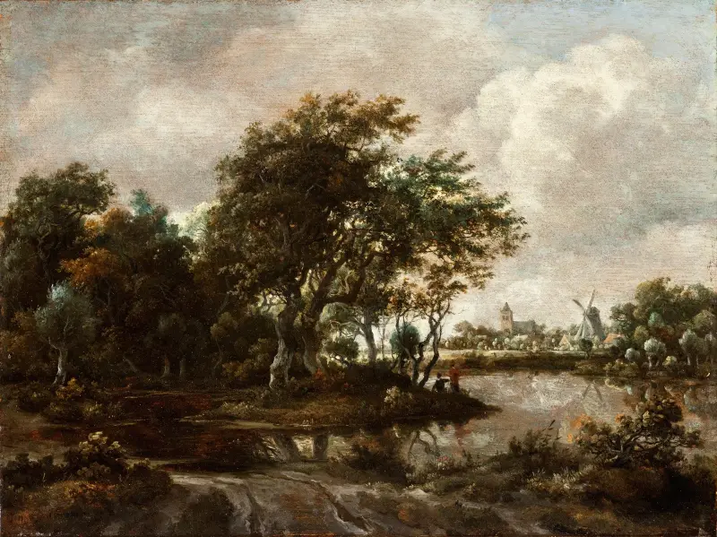 Landscape with Anglers and a Distant Town av Meindert Hobbema
