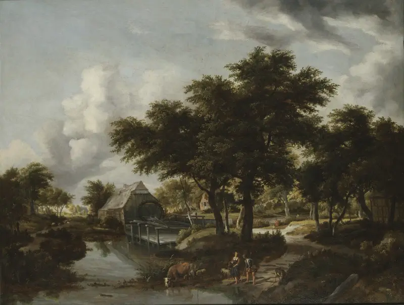 Wooded Landscape with a Watermill av Meindert Hobbema