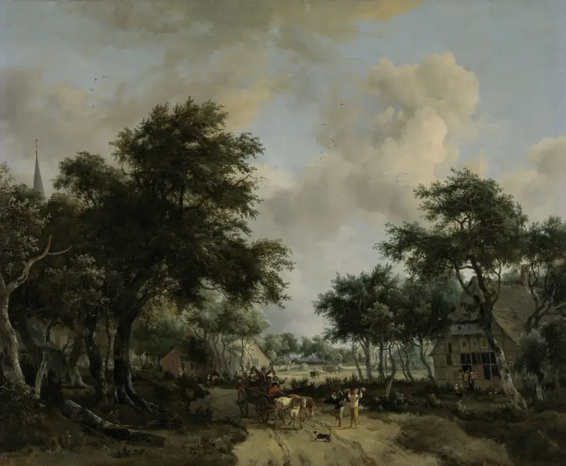 Wooded Landscape with Merrymakers in a Cart av Meindert Hobbema