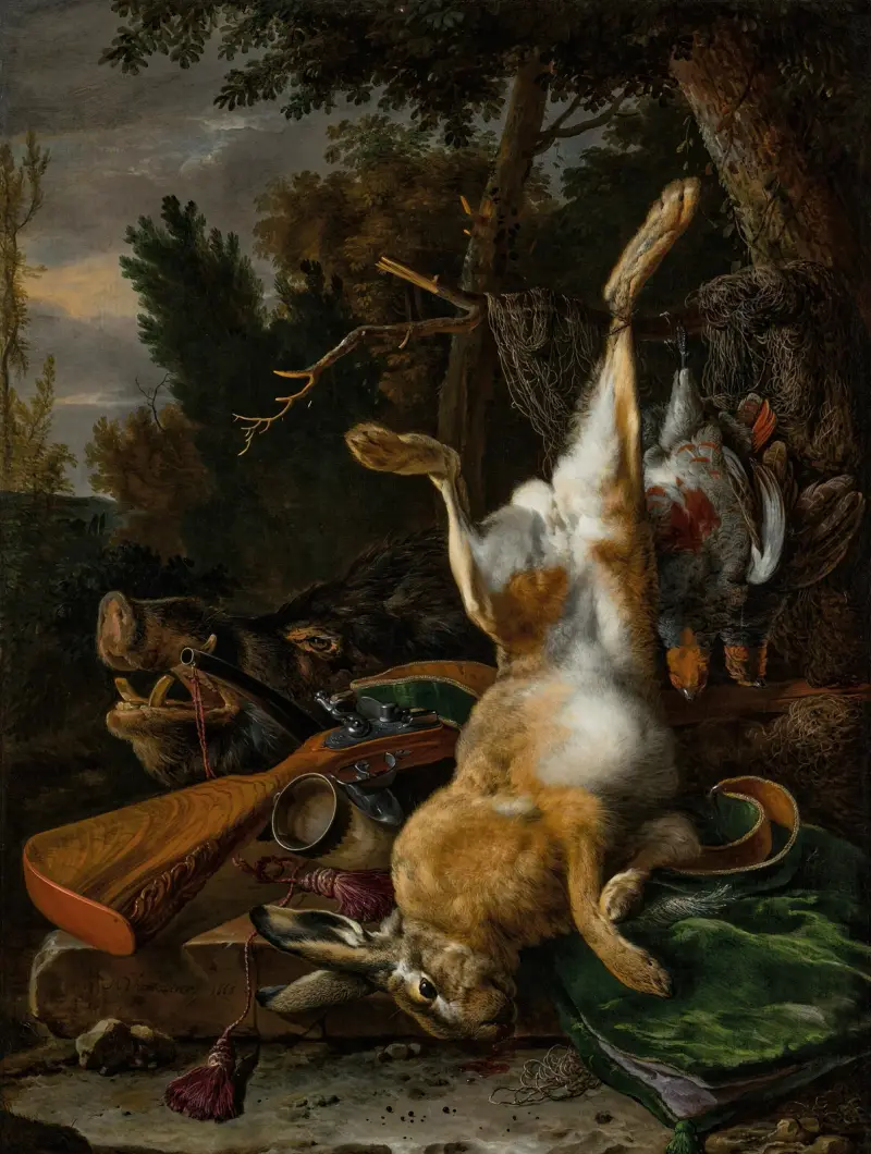 Jagdstillleben mit aufgehängtem Hasen, Wildschweinkopf und Muskete in einer Landschaft von Melchior d'Hondecoeter