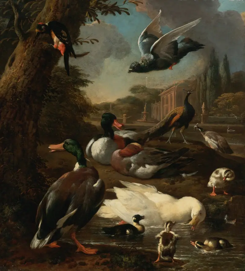Ein Pfau, eine Taube, Enten und andere Vögel in einer Gartenlandschaft von Melchior d'Hondecoeter