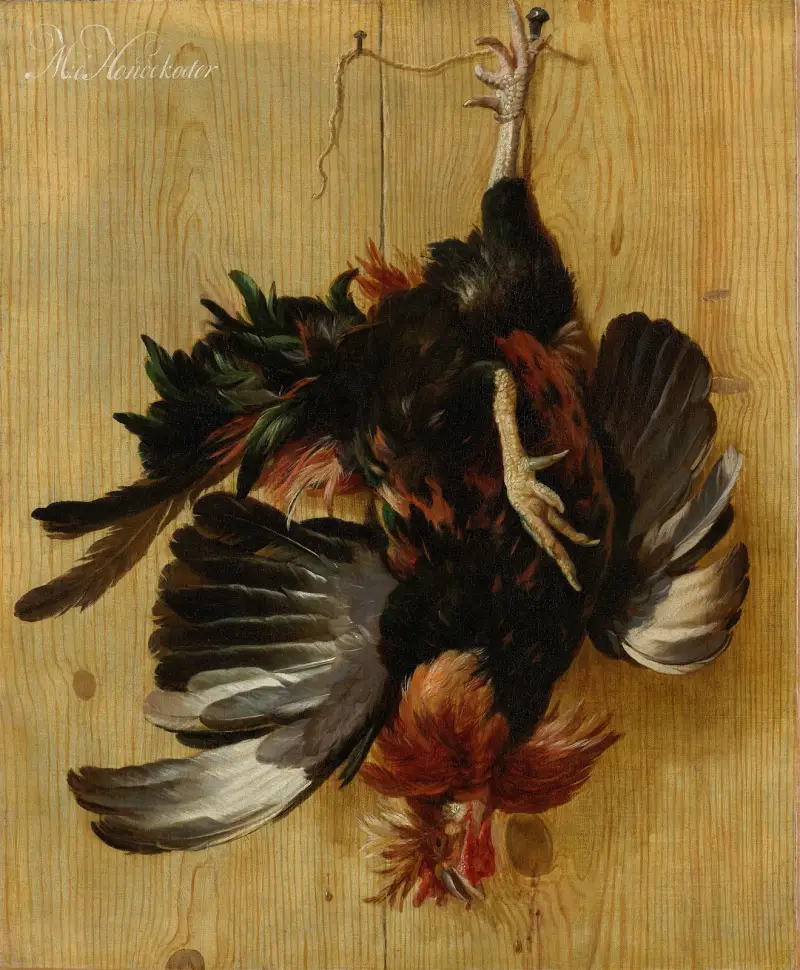 Dead Cock Hanging from a Nail av Melchior d'Hondecoeter