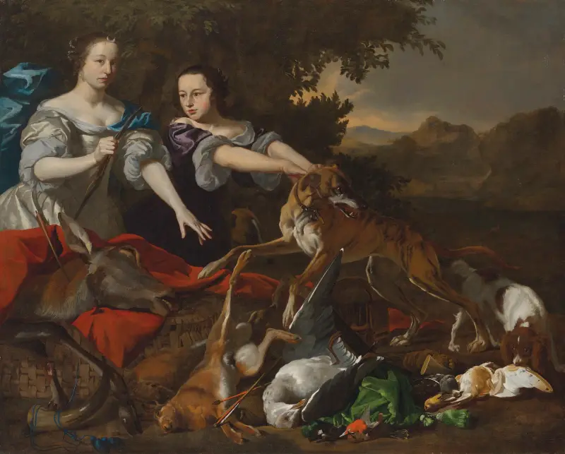 Porträt einer Dame als Göttin Diana mit ihrer Begleiterin und der Jagdbeute von Melchior d'Hondecoeter
