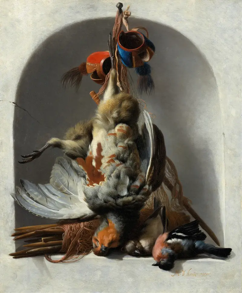 Still Life with Birds and Hunting Gear in a Niche av Melchior d'Hondecoeter