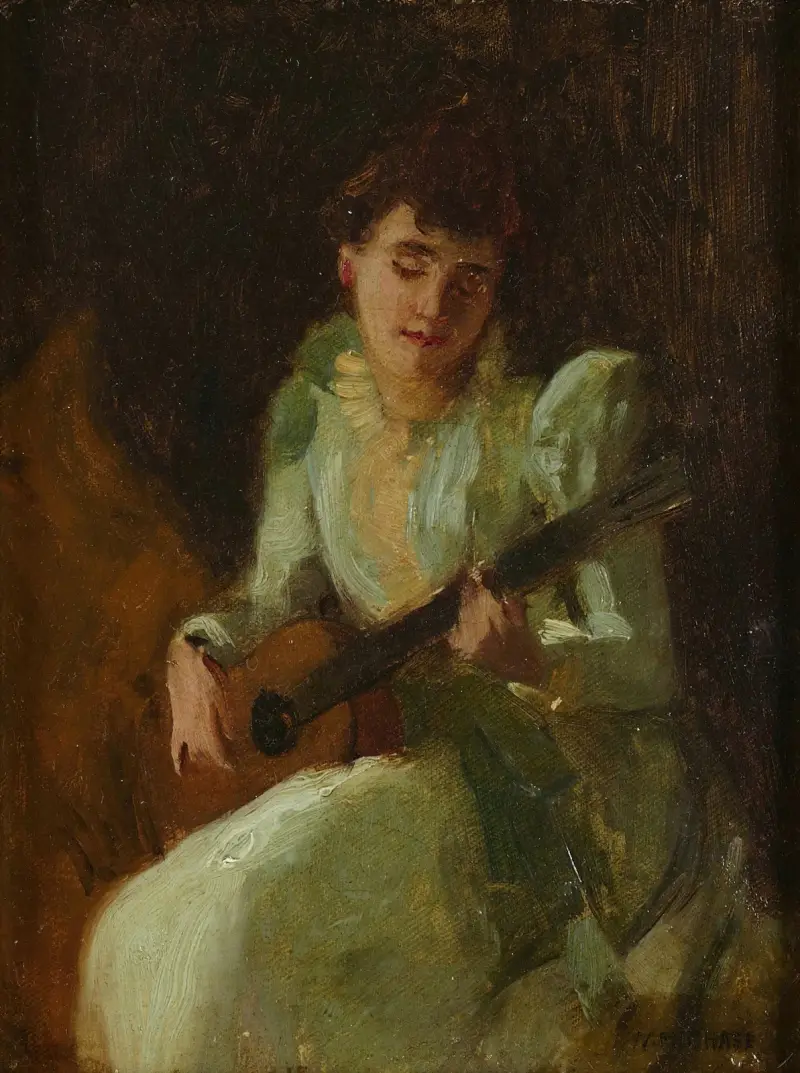 Damen som spelar gitarr av William Merritt Chase