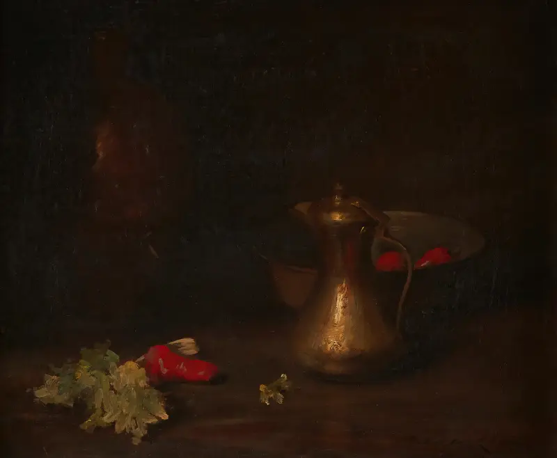 Stillleben mit Messingkanne, Metallschale, Salat und roten Paprikaschoten von William Merritt Chase