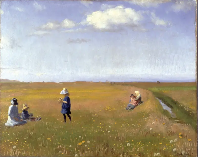 Barn och unga flickor plockar blommor på ett fält norr om Skagen av Michael Ancher