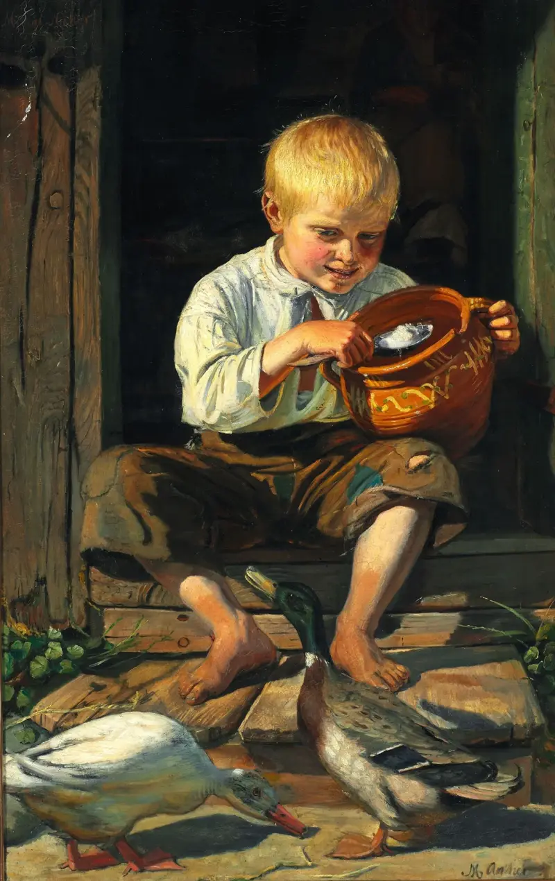 Junge füttert Enten von Michael Ancher