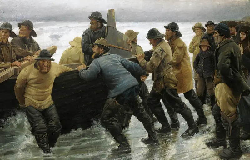 Fischer lassen ein Ruderboot zu Wasser von Michael Ancher