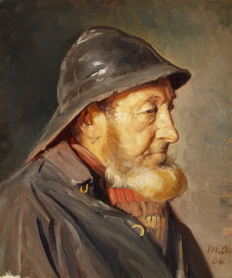 Fiskaren Ole Svendsen i profil med sydväst av Michael Ancher