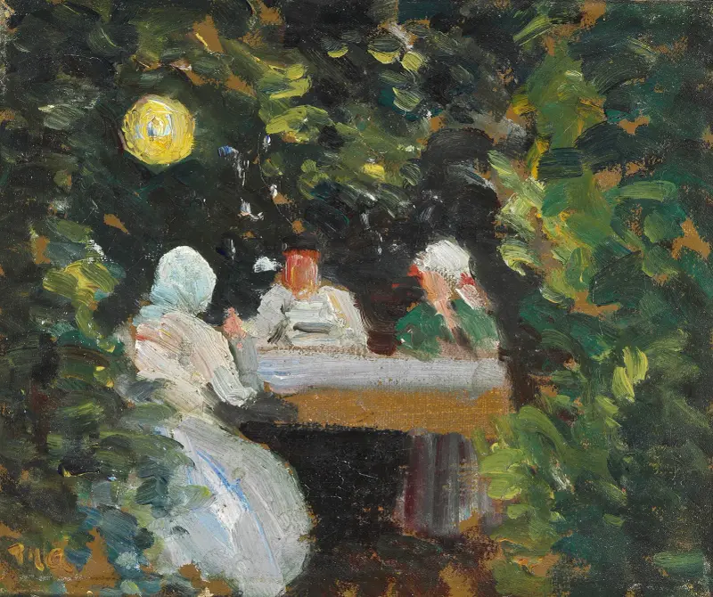 Samvaro i trädgården en sommarkväll under lampan av Michael Ancher
