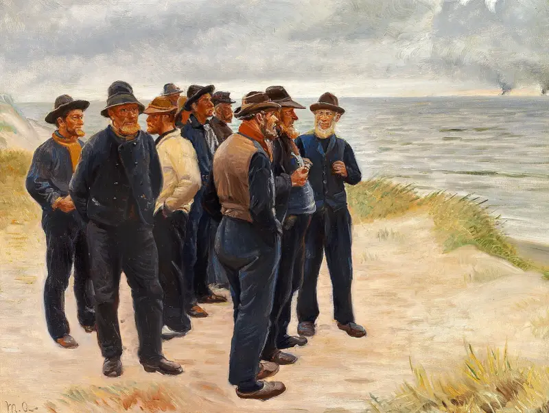 Fischer von Skagen am Strand blicken aufs Meer hinaus von Michael Ancher