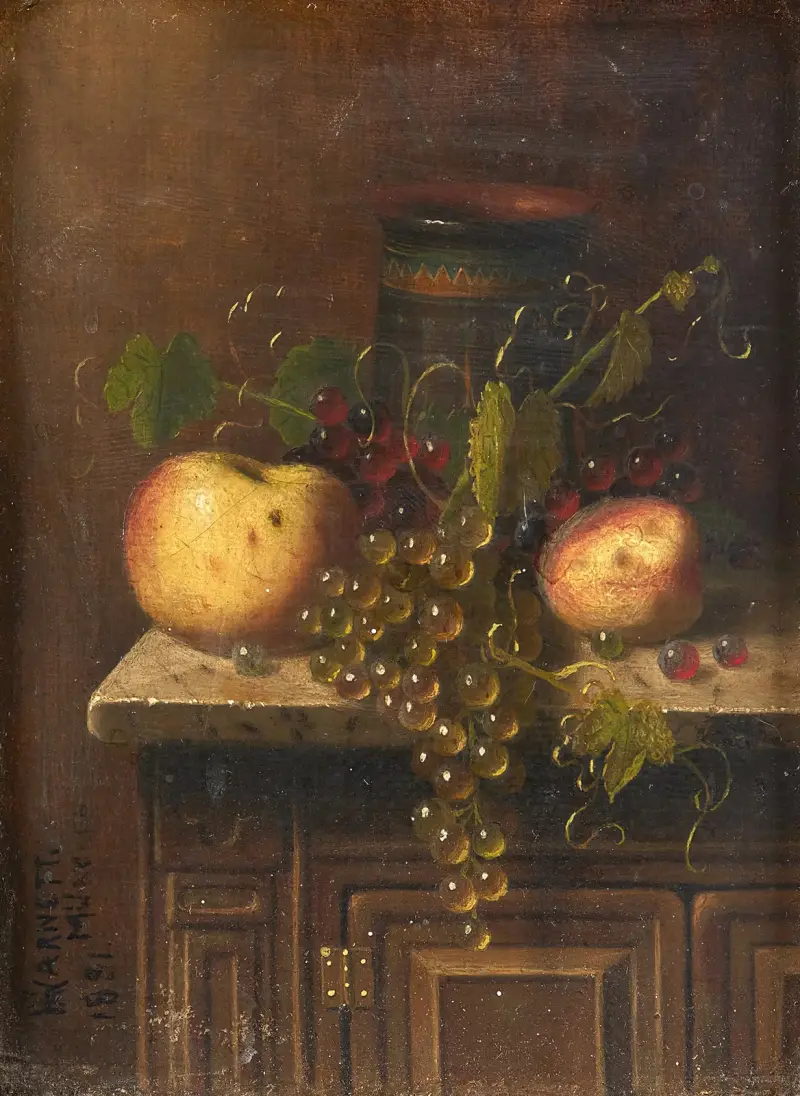 Still Life with Egyptian Vase, Apples and Grapes on a Marble Top Console av William Michael Harnett