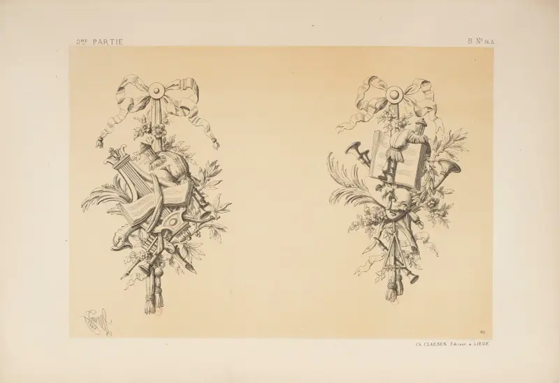 Trophées, bois sculpté; style Louis XVI av Michel Liénard
