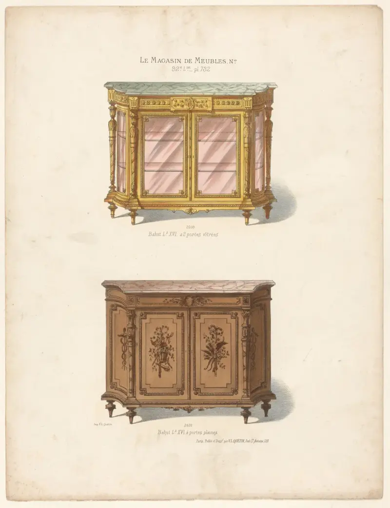 Bahut Ls XVI a 2 portes vitrees ; Bahut Ls XVI à portes plaines av Victor Léon Michel Quétin
