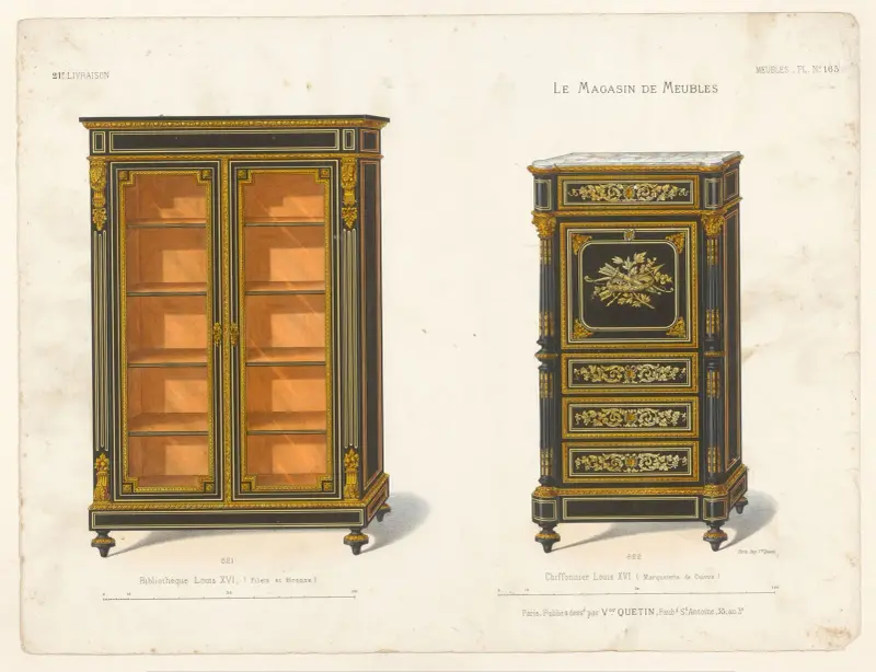 Louis XVI-bibliotek (lister och brons); Louis XVI-chiffonjé (marketeri i koppar) av Victor Léon Michel Quétin