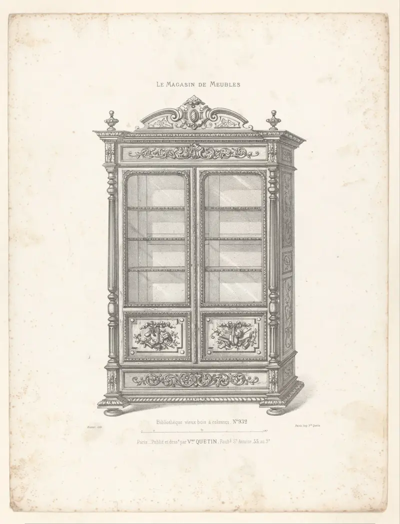 Bibliothèque vieux bois à colonne av Victor Léon Michel Quétin