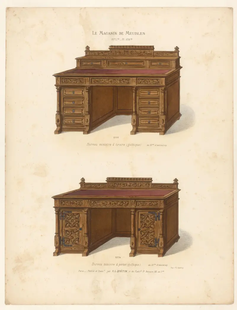 Sekretärbyrå med lådor (gotisk); Sekretärbyrå med dörrar (gotisk) av Victor Léon Michel Quétin