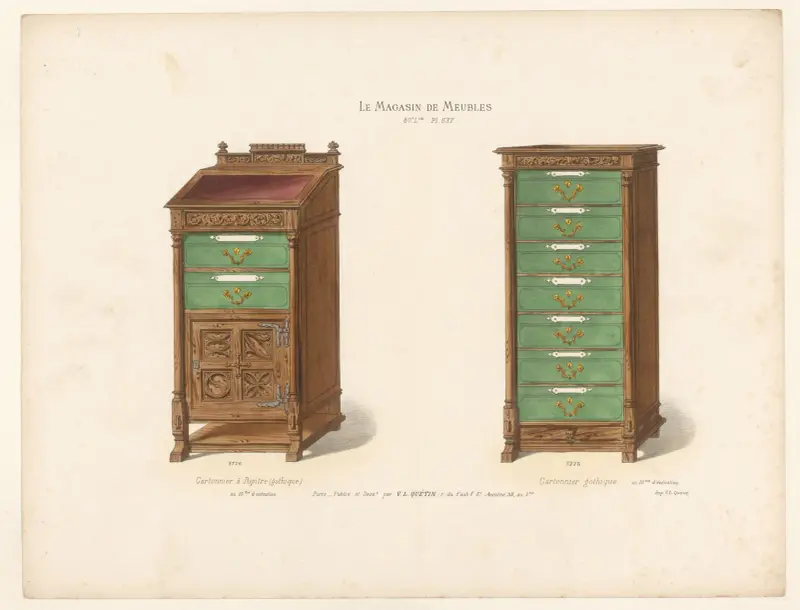 Kartongskåp med lutande skrivskiva (gotisk stil); Gotiskt kartongskåp av Victor Léon Michel Quétin