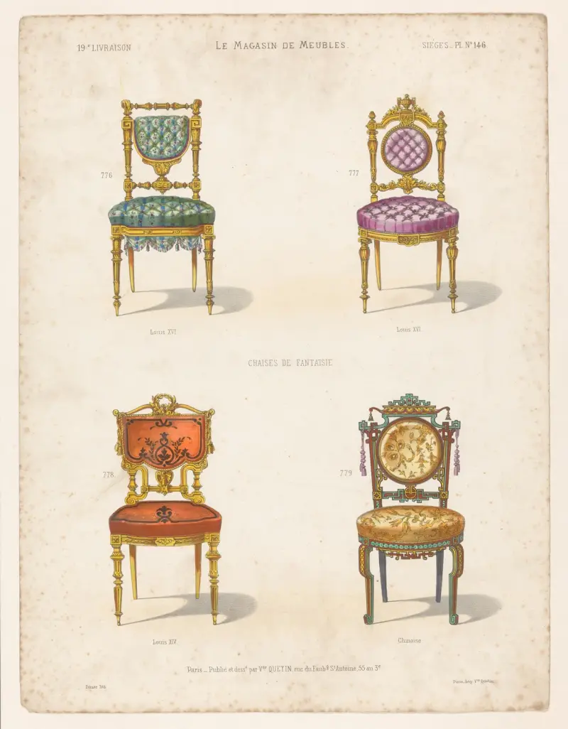 Chaises de fantaisie ; Louis XVI ; Louis XIV ; Chinoise av Victor Léon Michel Quétin