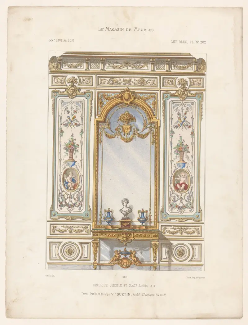 Konsoldekor och spegel, Louis XIV av Victor Léon Michel Quétin