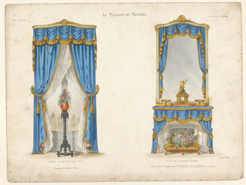 Fönsterdekor Louis XIV; Skorstensdekor med drapering av Victor Léon Michel Quétin