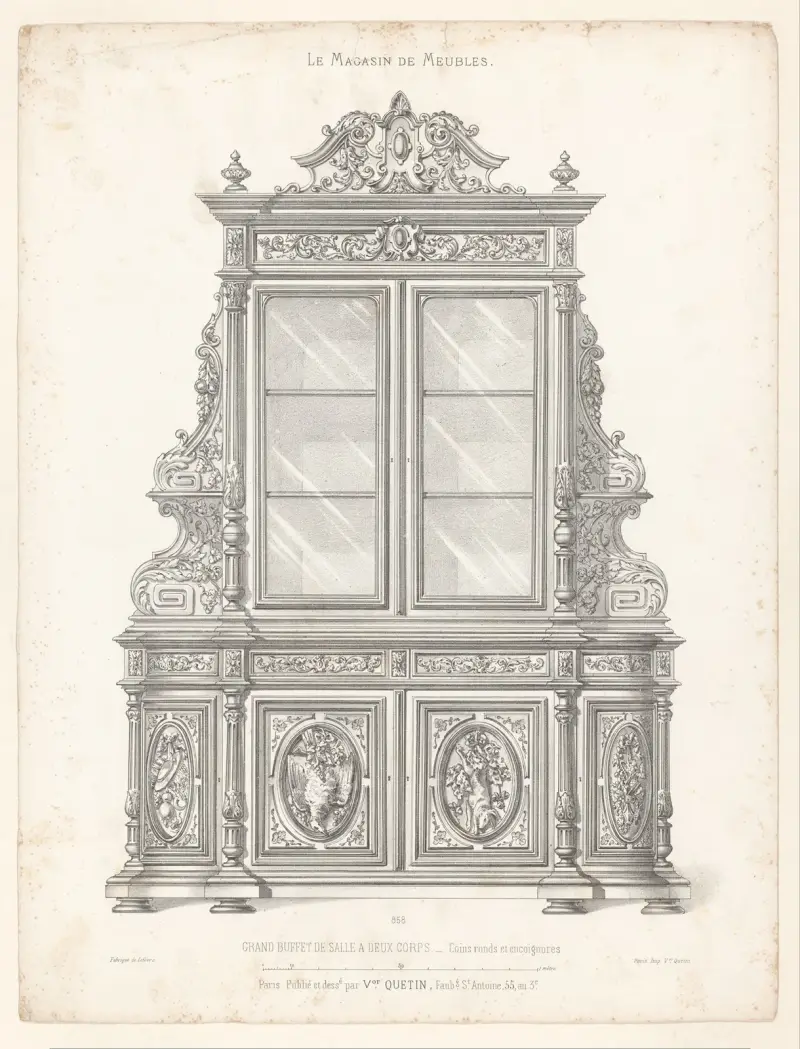 Grand buffet de salle a deux corps Coins ronds et encoignures av Victor Léon Michel Quétin