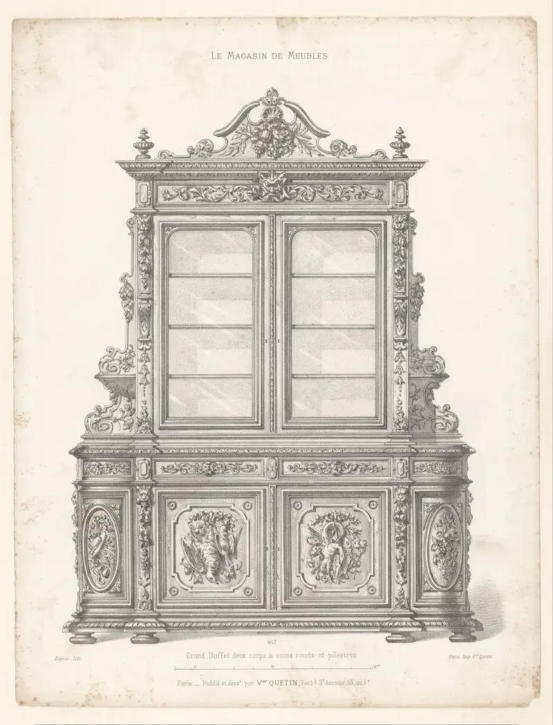 Grand Buffet deux corps, à coins ronds et pilastres av Victor Léon Michel Quétin