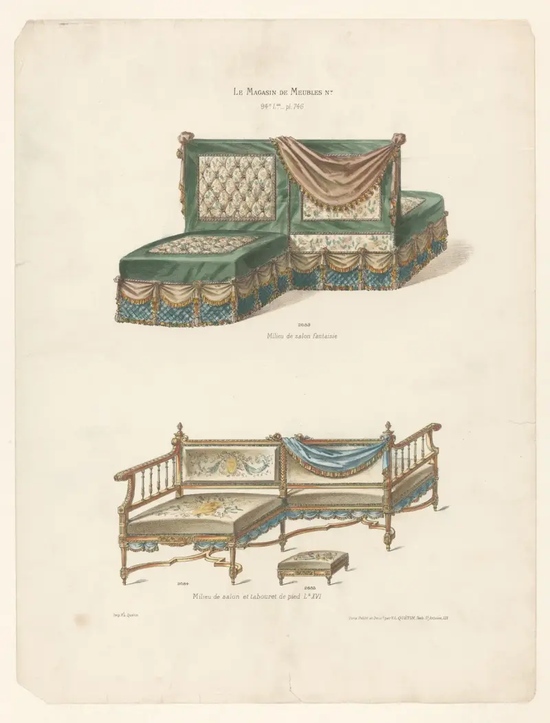 Milieu de salon fantaisie; Milieu de salon et tabouret de pied Ls XV av Victor Léon Michel Quétin