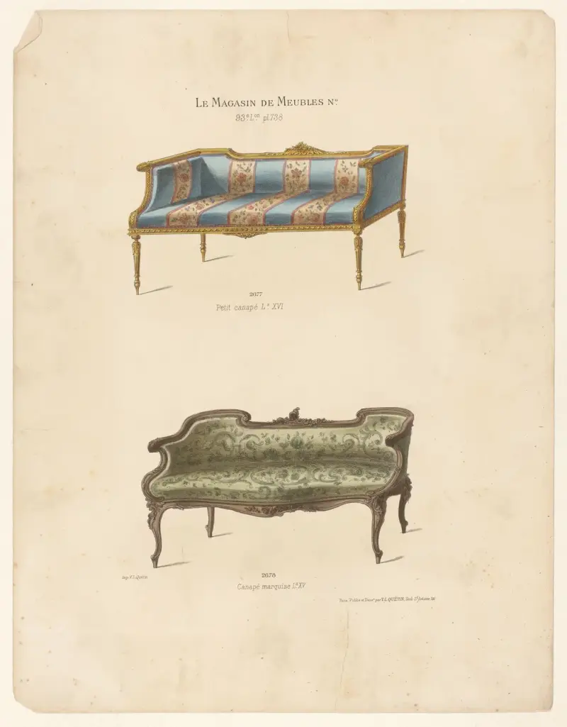 Petit canapé Ls XVI ; Canapé marquise Ls XV av Victor Léon Michel Quétin