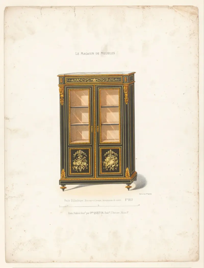 Mała biblioteczka, czarne drewno i brąz, inkrustacja miedzią, Victor Léon Michel Quétin