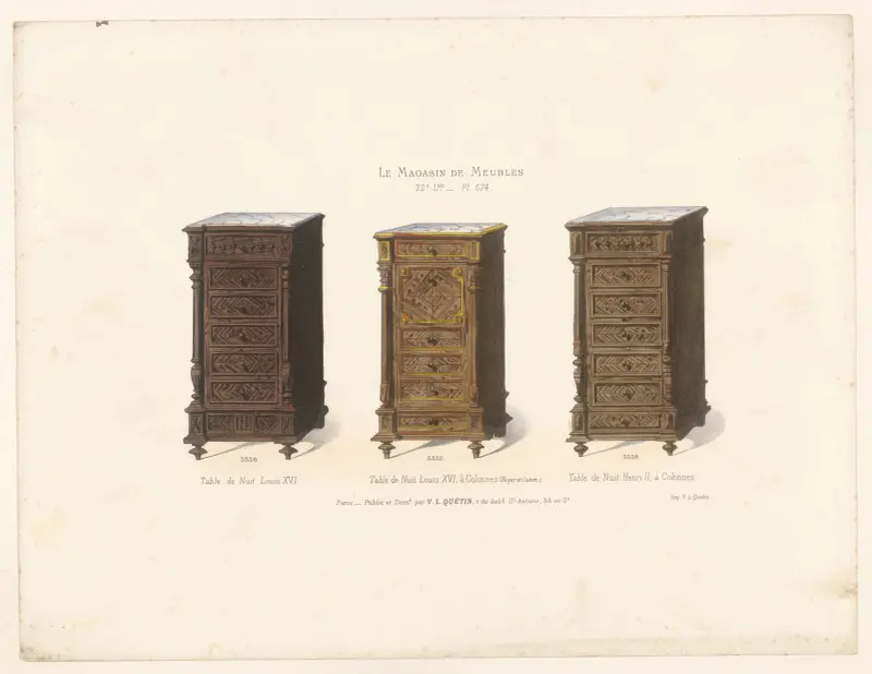 Louis XVI nattduksbord; Louis XVI nattduksbord med kolonner (valnöt och koppar); Henrik II nattduksbord med kolonner av Victor Léon Michel Quétin