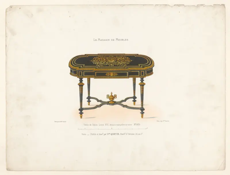 Salongsbord i Louis XVI-stil, brons och kopparinläggning av Victor Léon Michel Quétin