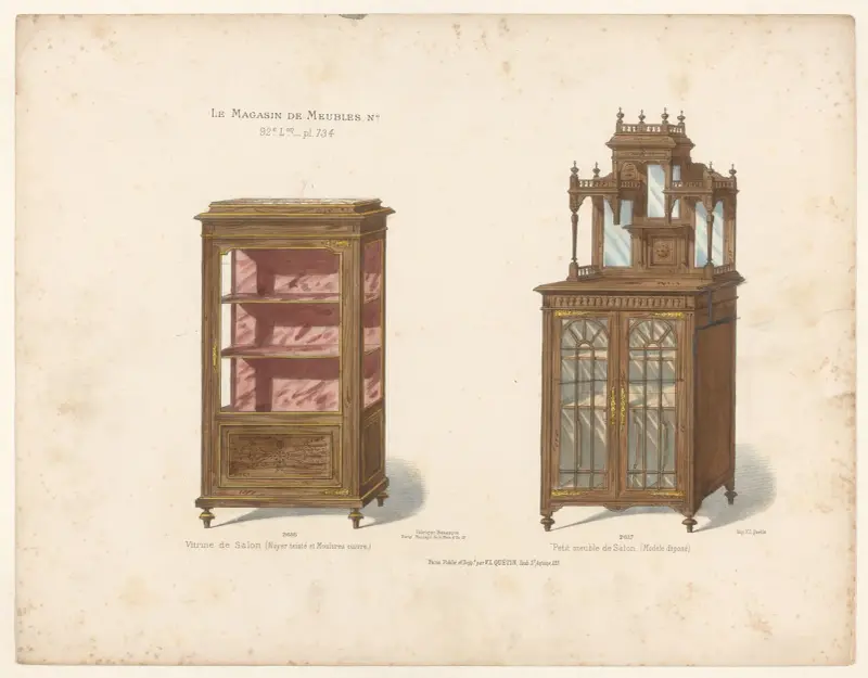 Vitrine de Salon (Noyer teinté et Moulures cuivre) ; Petit meuble de alon (Modèle déposé) av Victor Léon Michel Quétin