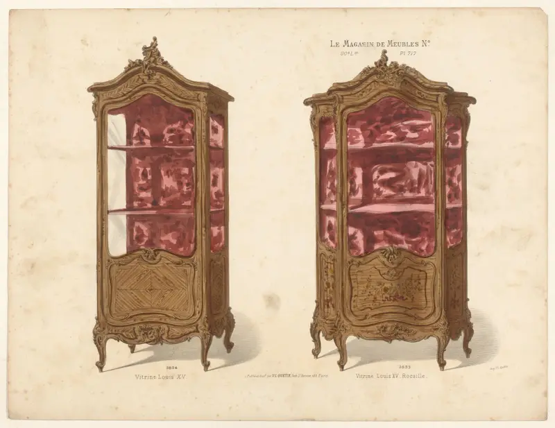 Louis-XV-Vitrine; Louis-XV-Vitrine. Rocaille von Victor Léon Michel Quétin