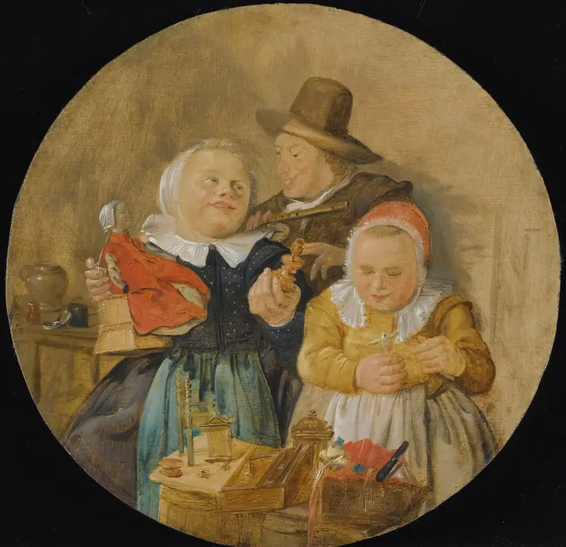 An Interior With A Man Holding A Flute, And Two Children Playing With Their Toys av Jan Miense Molenaer