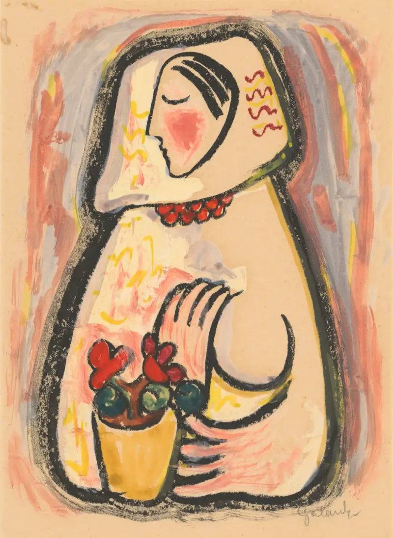 Girl with a basket of flowers av Mikuláš Galanda