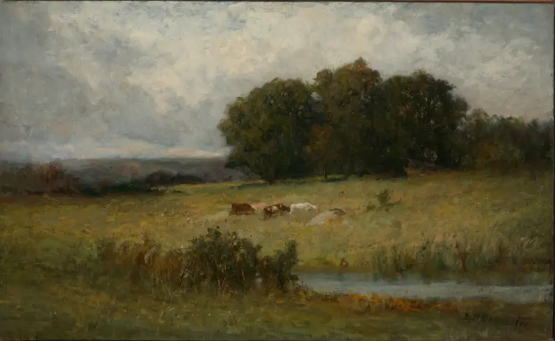 Ljus scen med boskap vid bäck av Edward Mitchell Bannister