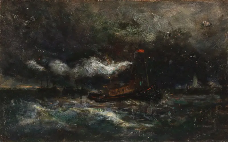 Squall, Brenton Light (båt i storm med fyr i bakgrunden) av Edward Mitchell Bannister