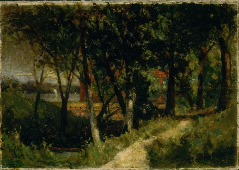 Bez názvu (krajina, lesní scéna s červeným plotem a budovou), 1893, Edward Mitchell Bannister
