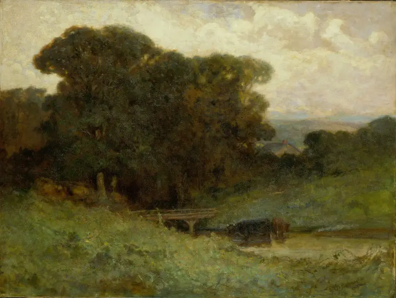 Untitled (forest scene with bridge, cows in stream in foreground) av Edward Mitchell Bannister