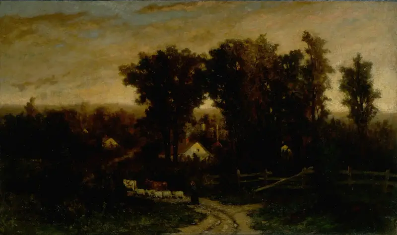 Utan titel (kvinna med boskap och får i skymningen) av Edward Mitchell Bannister