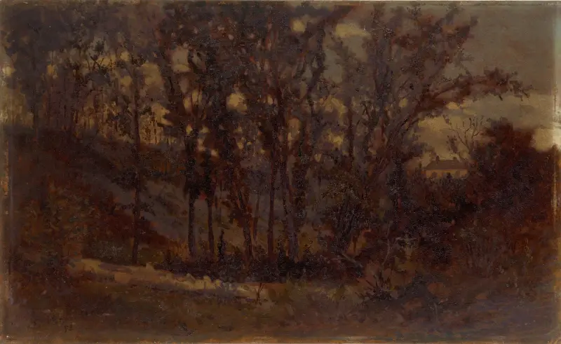 Ohne Titel (Waldlandschaft mit umgestürztem Baum im Vordergrund und Haus im Hintergrund) von Edward Mitchell Bannister